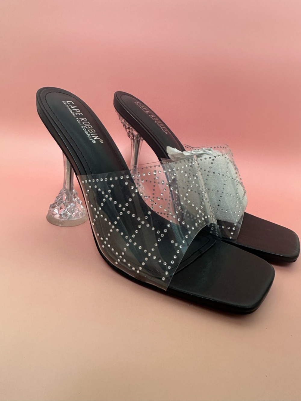 Cape Robbin Black Clear Rhinestone Slide Heels